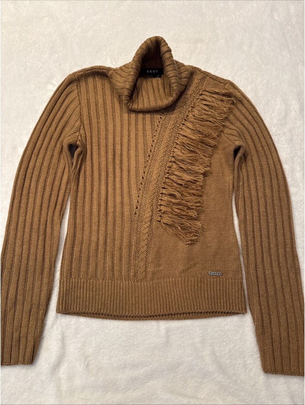 DKNY Womens Ribbed Fringe Turtleneck Sweater Luggage Brown XS